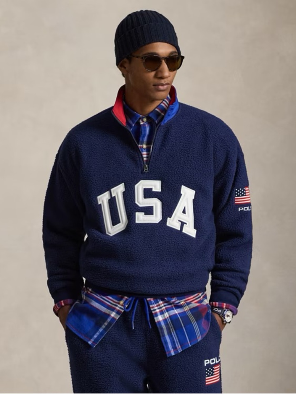 Polo Ralph Lauren Relaxed Fit Flag Fleece Pullover 1/4 Zip USA Blue Large Unisex - Picture 2 of 16